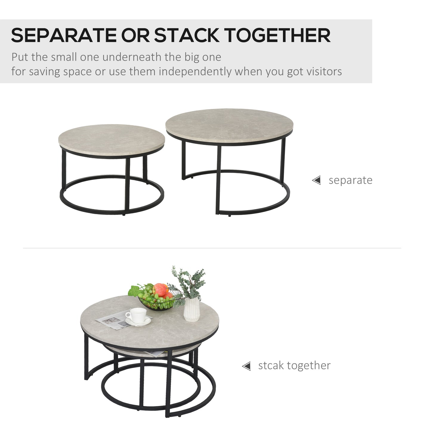 Lot de 2 tables basses modernes avec base en métal pour salon, gris ciment