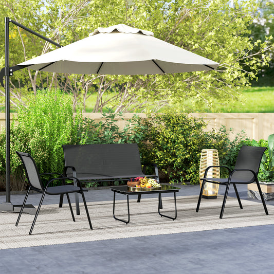 Outsunny 4 Piece Outdoor Furniture Set with 2 Stacking Chairs, 1 Loveseat, 1 Patio Lounge Set and 1 Glass Coffee Table, Black