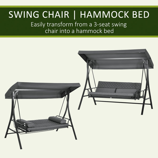 3 Person Porch Swing Bench with Adjustable Canopy, Cushions, Pillows for Porch and Backyard, Dark Grey