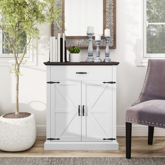 HOMCOM 76 cm sideboard, country style, with 3 cm thick top, 2 barn doors, drawer and adjustable shelf, white