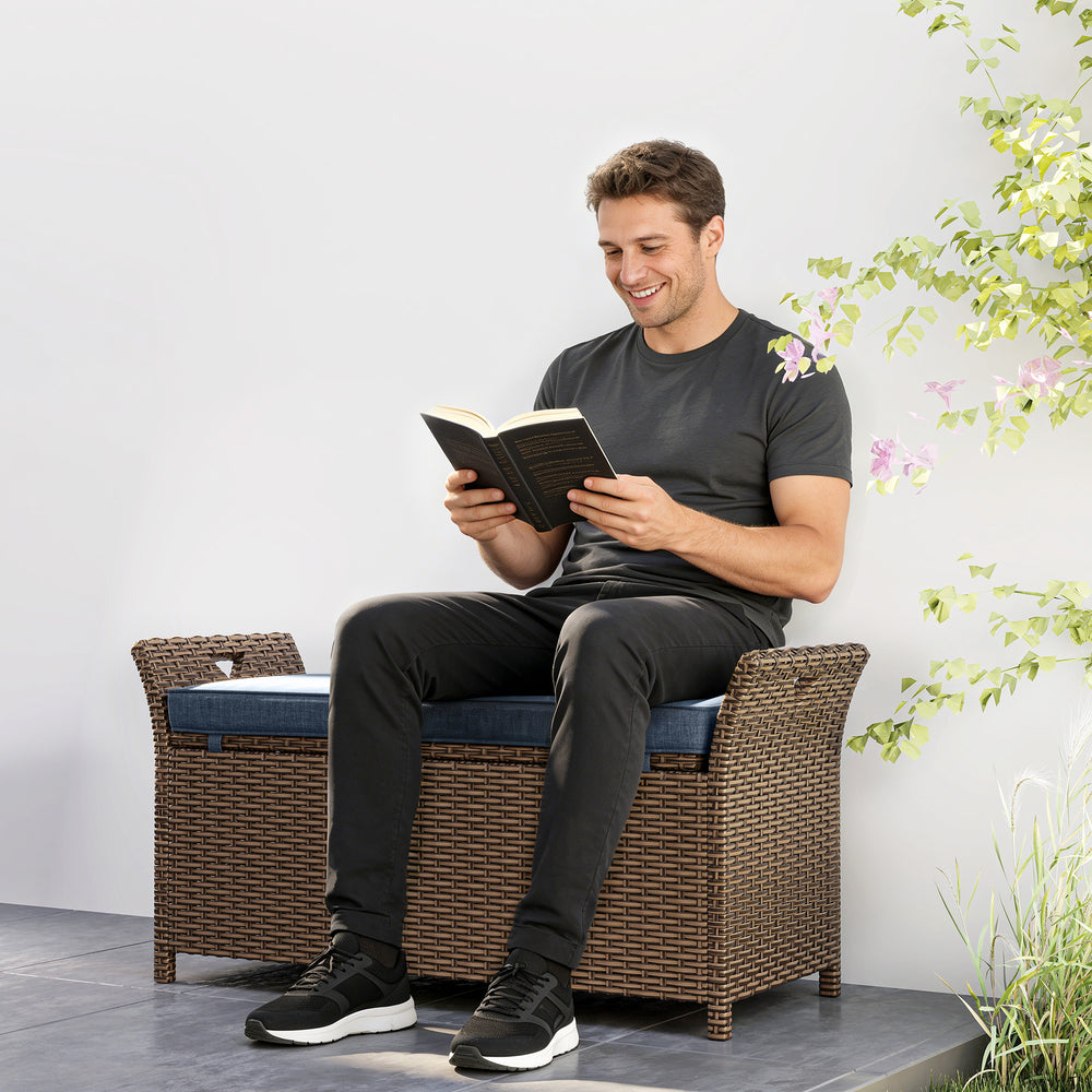 Banc de rangement extérieur 2 en 1 en osier avec poignées et coussin, bleu marine