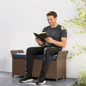 Banc de rangement extérieur 2 en 1 en osier avec poignées et coussin, bleu marine