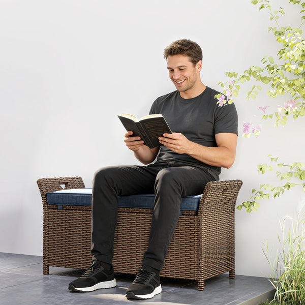 Banc de rangement extérieur 2 en 1 en osier avec poignées et coussin, bleu marine
