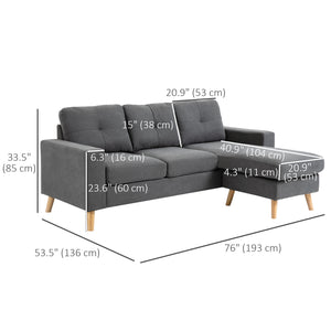 Sectional Sofa with Reversible Chaise Lounge, Wooden Legs for Living Room, Bedroom, Dark Gray