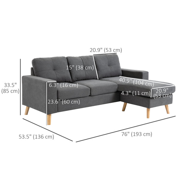 Sectional Sofa with Reversible Chaise Lounge, Wooden Legs for Living Room, Bedroom, Dark Gray