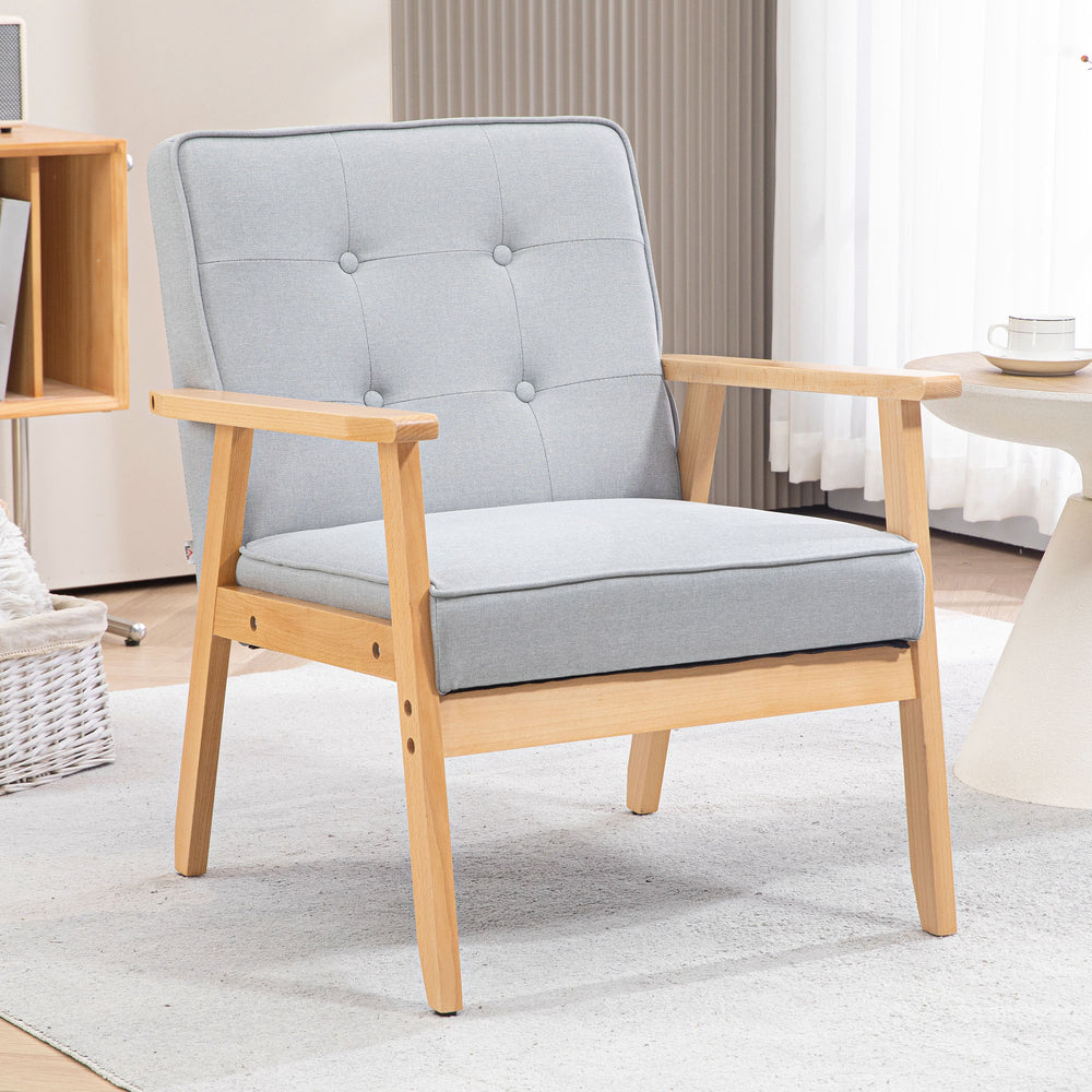Fauteuil d'appoint avec dossier capitonné et pieds en bois, gris clair