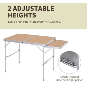 Table de pique-nique 3pieds avec tablette coulissante, en aluminium, hauteur réglable (2 niveaux).