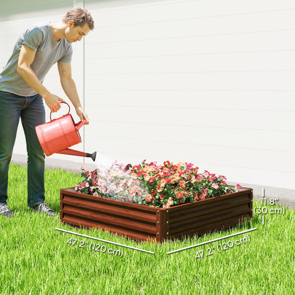 Raised planter in galvanized steel, dark brown wood effect