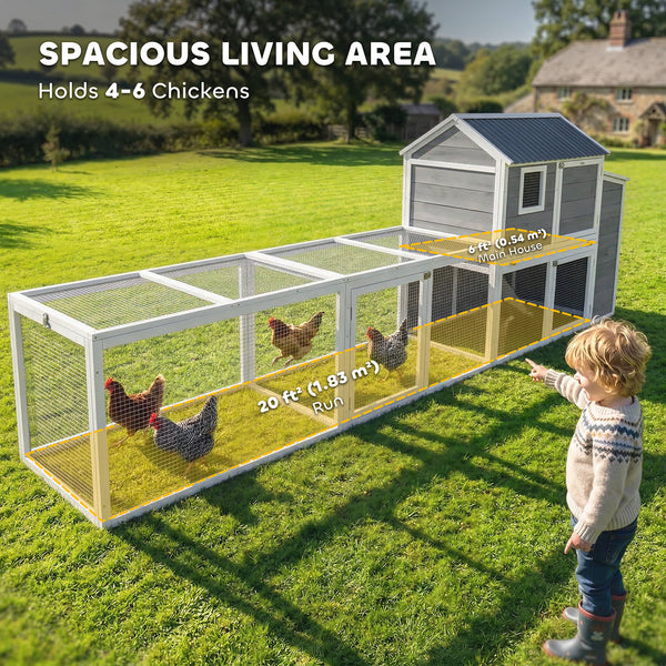 Large wooden chicken coop with run, nesting box, pull-out tray, waterproof roof, and access ramp.