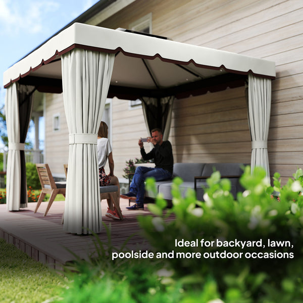 10' x 10' Outdoor Patio Gazebo Double Soft-top Garden Shelter Tent with Curtains, & Mesh Screen Drapes, Cream White