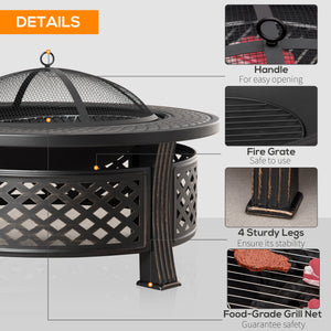 Braséro d'extérieur avec grille, couvercle en maille, tisonnier, pour camping, feu de camp, pique-nique, bronze