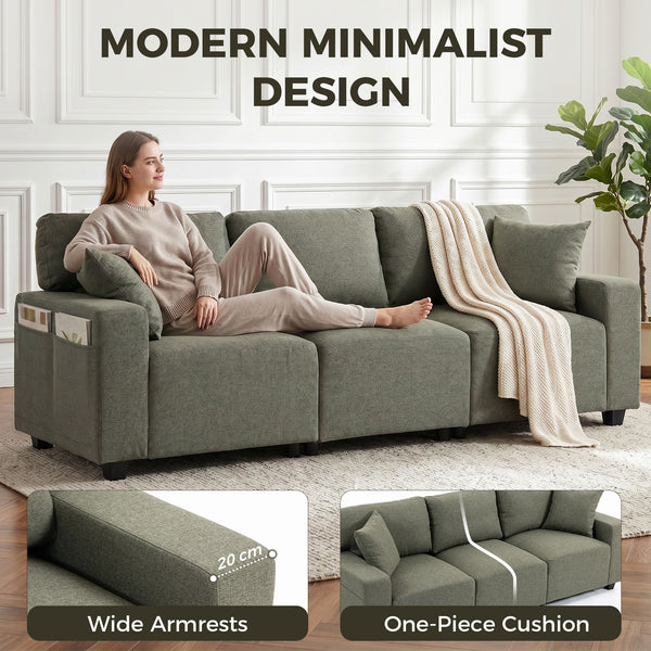 Canapé 3 places avec poches de rangement, moderne rembourré avec ressorts ensachés, vert