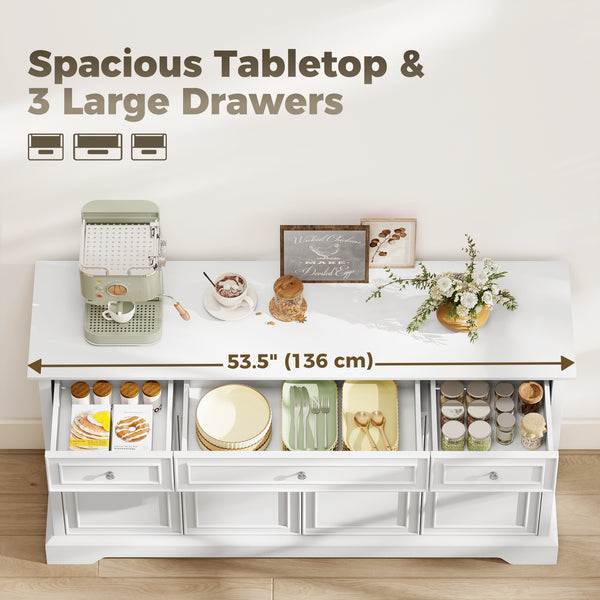 Buffet de rangement de cuisine avec portes à fermeture amortie, 3 tiroirs et 2 étagères réglables, blanc