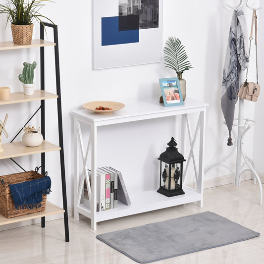Console d'entrée étroite à 2 niveaux, design en X, avec étagère de rangement pour derrière le canapé, salon, couloir, blanc