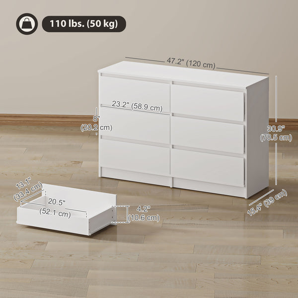 Large 6-drawer chest of drawers for the bedroom, white.