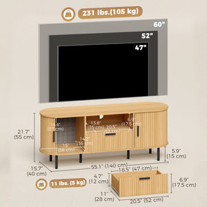Meuble pour téléviseurs jusqu'à 60 pouces avec portes coulissantes incurvées et rangements, bois naturel