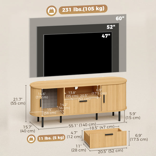 Meuble pour téléviseurs jusqu'à 60 pouces avec portes coulissantes incurvées et rangements, bois naturel