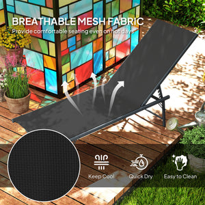 2 Pieces Folding Outdoor Lounge Chairs, Reclining Chaise Lounge Tanning Chair w/ Adjustable Back, Mesh Seat, Black