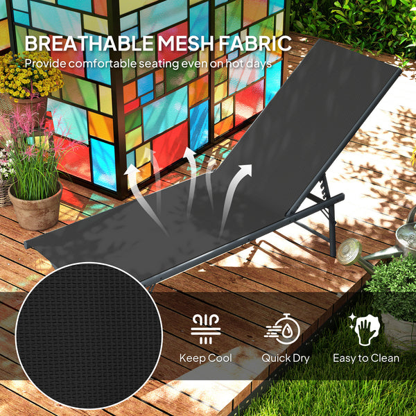 2 Pieces Folding Outdoor Lounge Chairs, Reclining Chaise Lounge Tanning Chair w/ Adjustable Back, Mesh Seat, Black