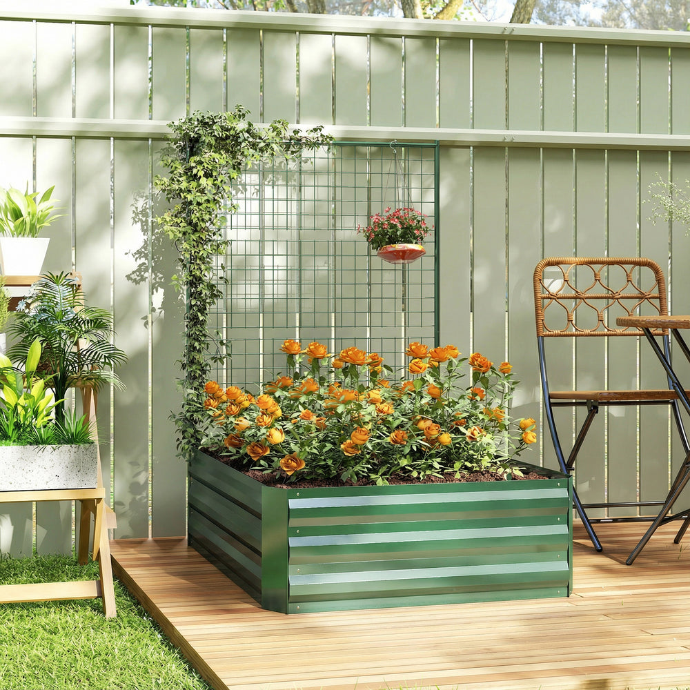 Galvanized Raised Garden Bed with Trellis for Climbing Plants, Outdoor Flower Planter Box with Open Bottom, Green