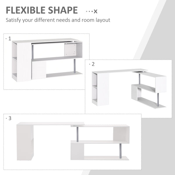 Bureau d'angle 55", pivotant à 360°, en L, avec étagères à 3 niveaux, blanc