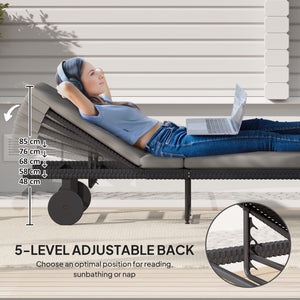 Chaise longue de jardin en rotin synthétique avec dossier réglable sur 5 niveaux, roulettes et coussin, gris