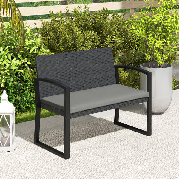 Two-seater outdoor rattan bench with cushion, grey