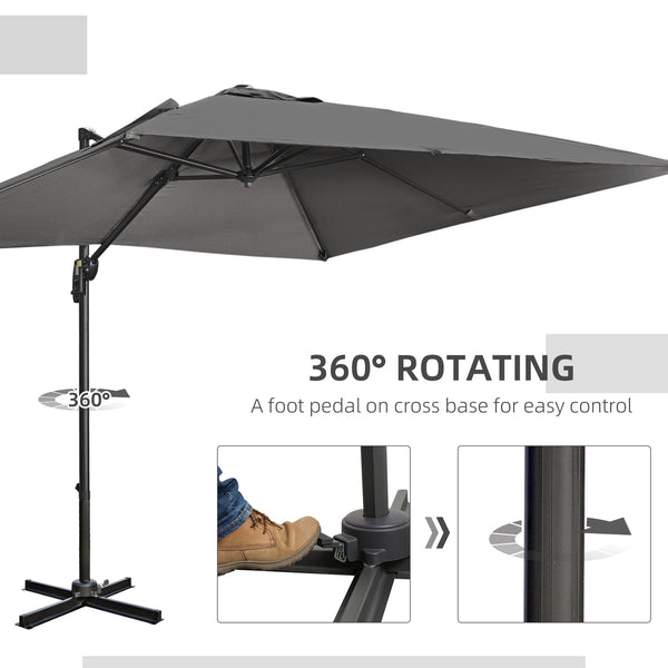Parasol déporté de 2,74 m (9 pi), carré à pied en croix, manivelle, inclinaison, rotation à 360° et structure en aluminium, gris foncé