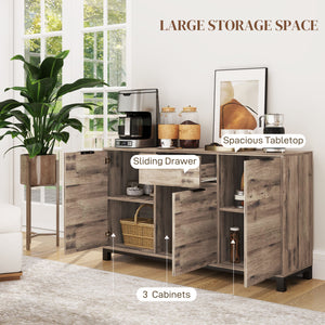 Buffet industriel avec 3 portes de 47", tiroir et 2 étagères réglables pour salon, grain de bois brun