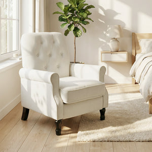 Mid-century modern accent chair with thick padded seat, spring cushion, solid wood legs, cream white
