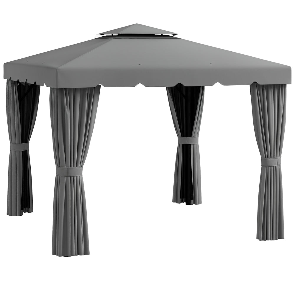 10' x 10' Outdoor Patio Gazebo Double Soft-top Garden Shelter Tent with Curtains, &amp; Mesh Screen Drapes, Light Gray