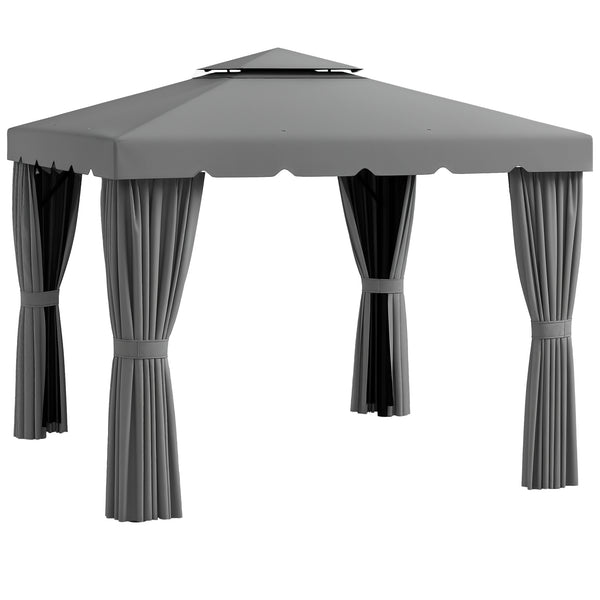 10' x 10' Outdoor Patio Gazebo Double Soft-top Garden Shelter Tent with Curtains, &amp; Mesh Screen Drapes, Light Gray