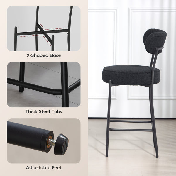 Lot de 2 tabourets de bar rembourrés avec dossier et repose-pieds, noir