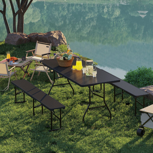 Outsunny 6FT 3PCS Faux Rattan Outdoor Camping Table Bench Set with Carrying Handles, Folding Picnic Table with 2 Benches, Black |