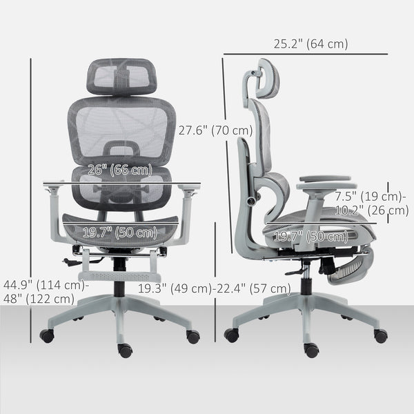 Chaise de bureau en résille avec accoudoirs 3D, dossier haut et soutien lombaire, inclinable à 135°, appui-tête réglable, gris