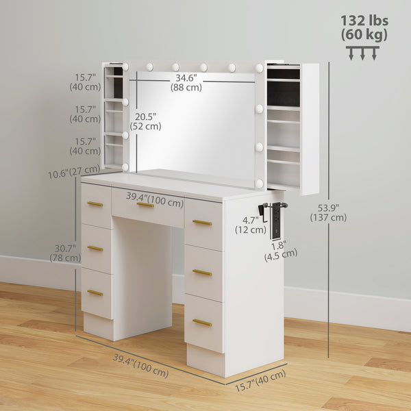 Coiffeuse avec éclairage, 7 tiroirs et 6 compartiments de rangement, blanche