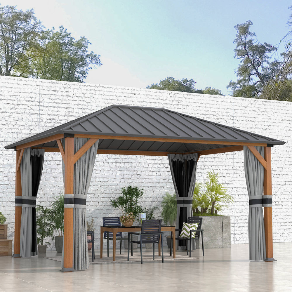 Gazebo 13x10 à toit rigide avec parois latérales en filet et rideaux, structure en acier galvanisé