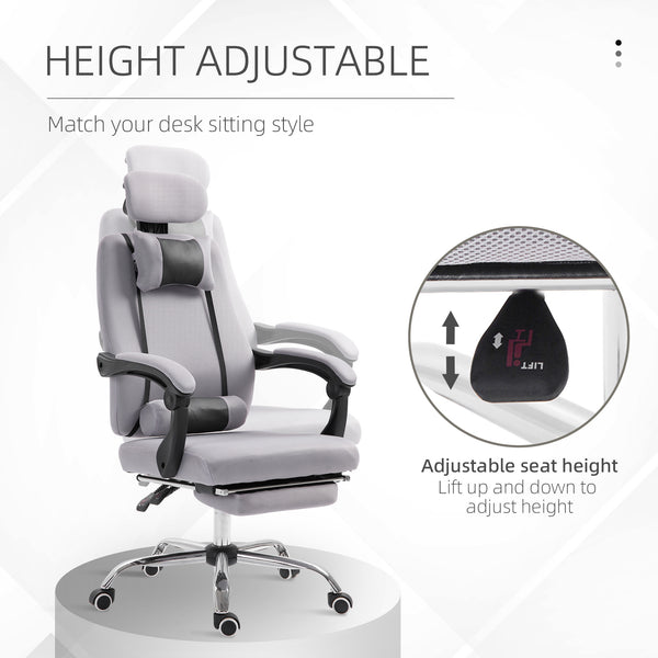Ergonomic high-back office chair with footrest and lumbar support, grey