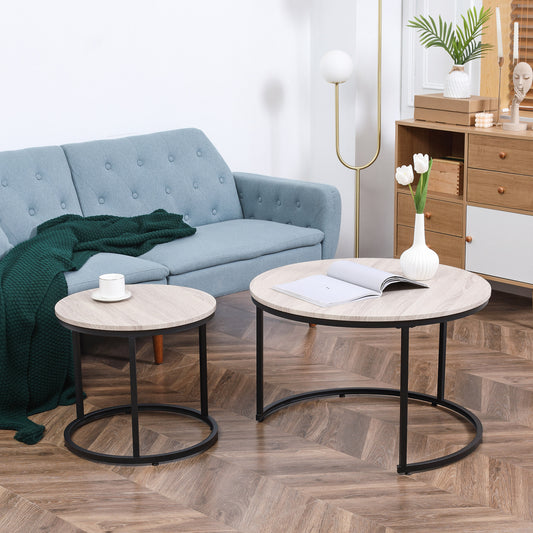 Lot de 2 tables basses ronde avec structure en métal, tables de salon, grain de bois gris