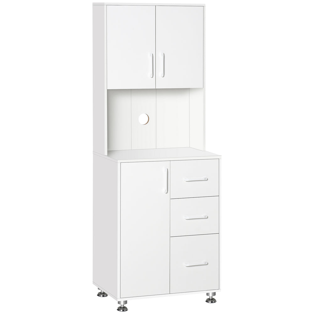 Meuble de rangement avec 2 placards, 3 tiroirs et plan de travail ouvert, blanc