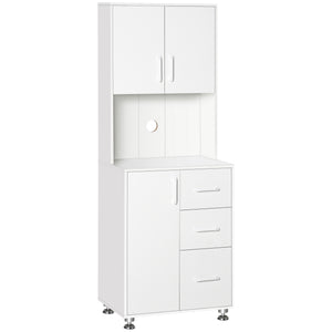 Meuble de rangement avec 2 placards, 3 tiroirs et plan de travail ouvert, blanc