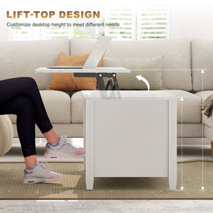 Modern lift-top coffee table with storage shelves and hidden compartment, white