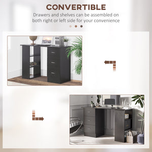 Bureau avec étagères de rangement à 3 niveaux avec tiroirs, noir
