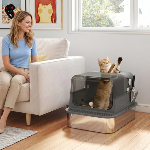 XXL Stainless Steel Cat Litter Tray, Enclosed Cat Litter Box for Big Cats with High Sides, Scoop, Easy Clean, Black