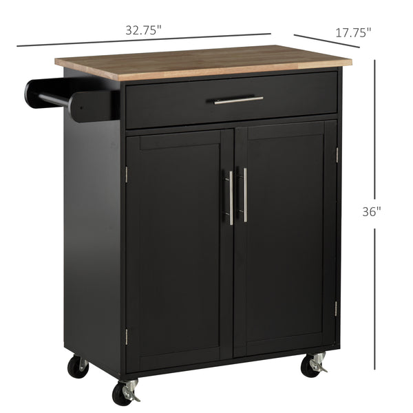 Chariot de cuisine roulant avec plateau en bois, noir