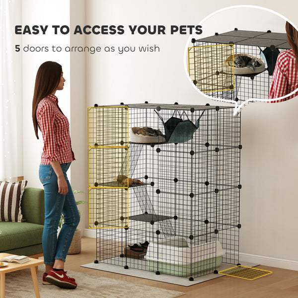 4-level cat cage with hammock, platforms, ramps and accessories, black