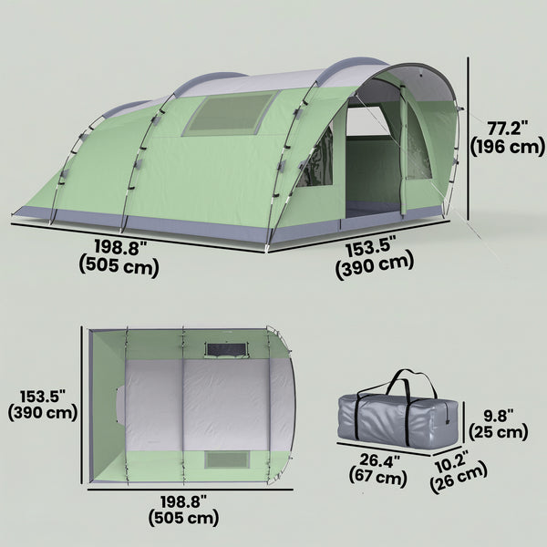 Tente de camping multi-pièces pour 5 personnes, facile à monter avec 4 fenêtres et un porche, vert clair