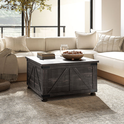Table basse de style ferme avec couvercles rabattables, compartiment de rangement dissimulé et pieds en bois, marron vieilli