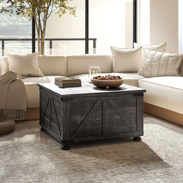 Table basse de style farmhouse avec couvercles rabattables, marron vieilli