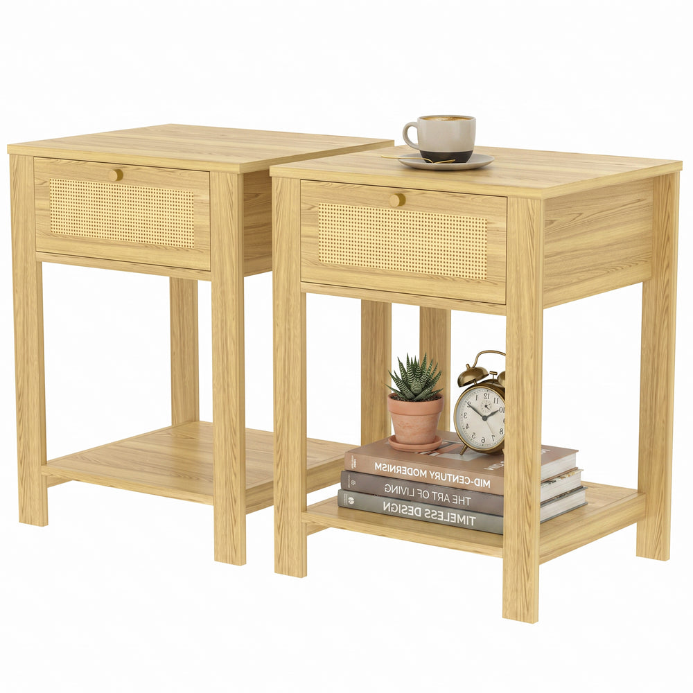 Tables d’appoint avec tiroir, effet bois naturel, ensemble de 2